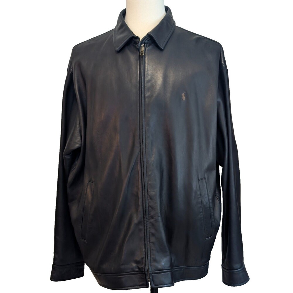 Vtg Polo Ralph Lauren Black Leather Jacket Men's XXL Houndstooth Lined Coat